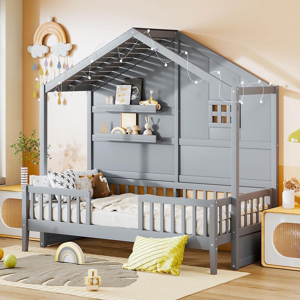 Gray Wood Frame Twin Size House Platform Bed with 2 Shelves, Window and Sparkling Light Strip on the Roof price history on PriceWatchPro