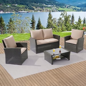 4-Pieces PE Rattan Wicker Outdoor Patio Conversation Sofa Sets, Patio Sofa Chair for Balcony, Deck and Yard in Sand