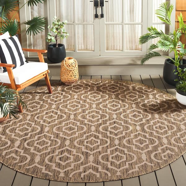 Courtyard Brown/Bone 8 ft. x 8 ft. Round Geometric Indoor/Outdoor Patio  Area Rug