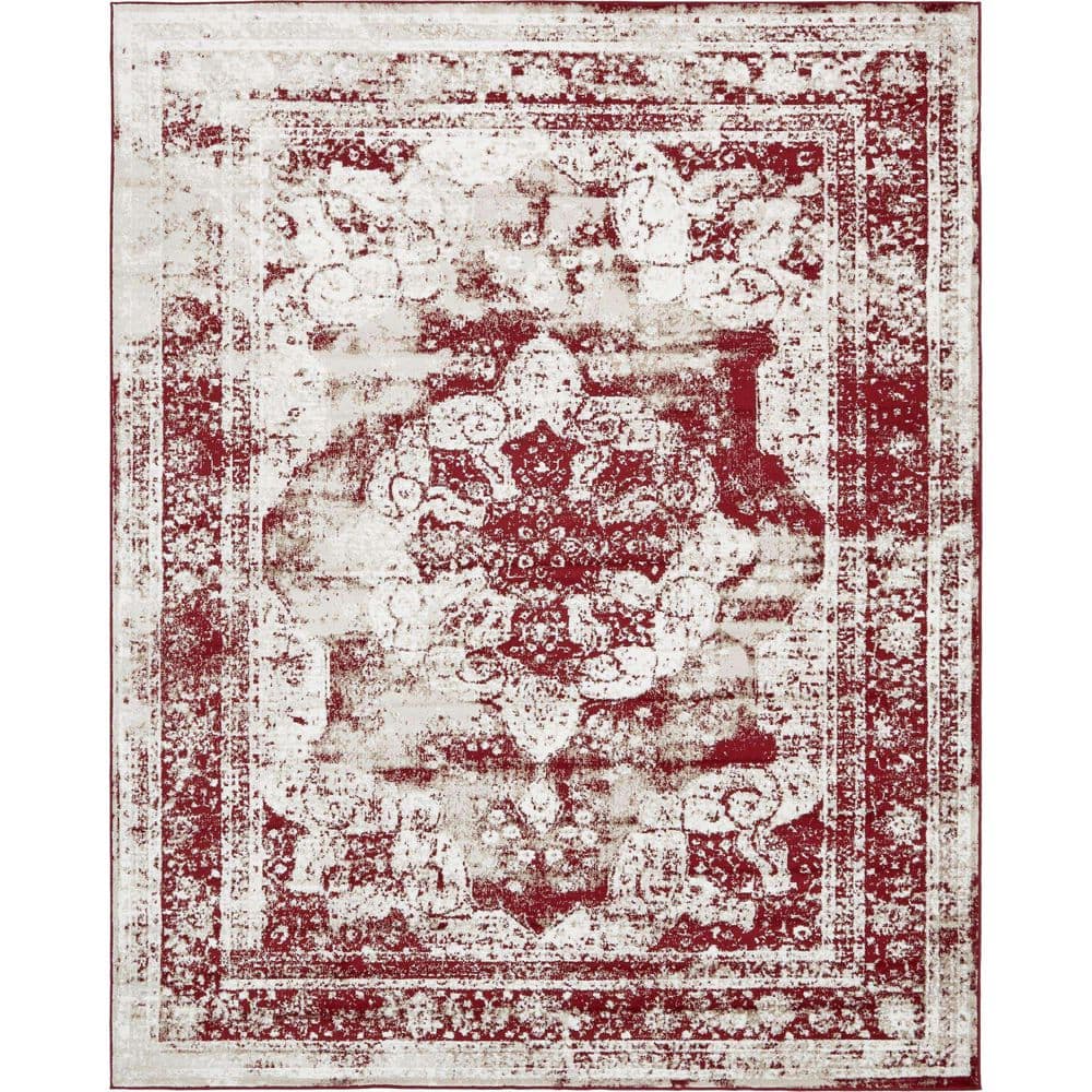 Burgundy and Tan Low Pile Synthetic Area Rug