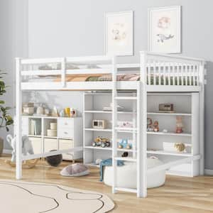 White Full Size Wood Loft Bed with 8 Open Storage Shelves