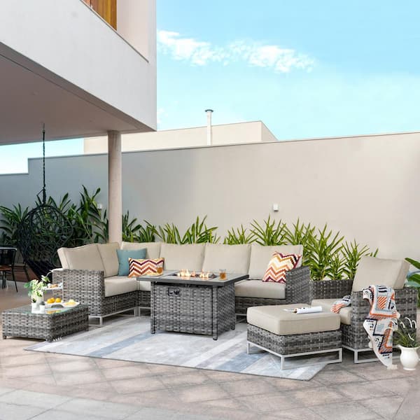 HOOOWOOO Mille Lacs Grey 9-Piece Wicker Outdoor Patio Fire Pit Conversation Sectional Sofa Set with Beige Cushions