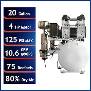 20 Gal. 4.0 HP Ultra Quiet and Oil-Free Electric Stationary Air Compressor with Air Dryer and Auto Drain