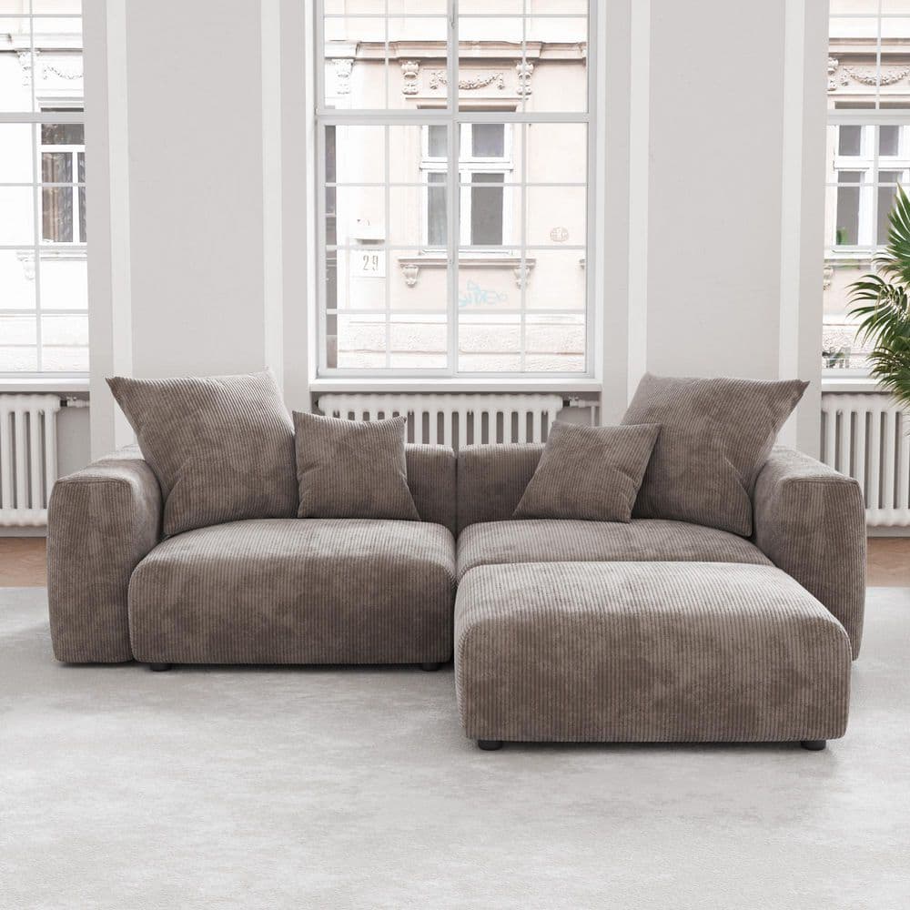 Modern 102 in. Square Arm Corduroy Modular Oversized Floor Sofa Grand Couch with Ottoman and Removable Covers in. Brown