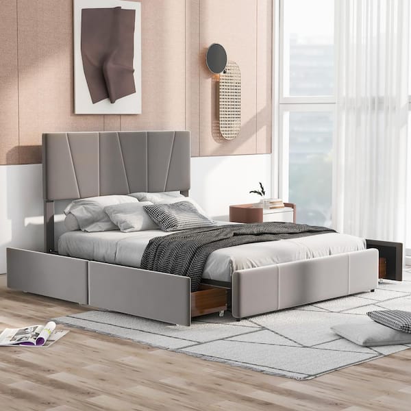 Qualler Gray Wood Frame Queen Size Upholstery Platform Bed with Four ...
