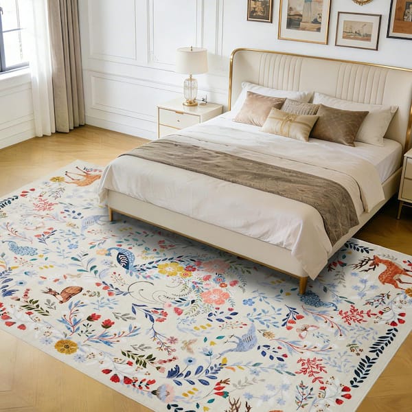 Beige 10 ft. X 13 ft. Animal Pattern Washable Low Pile Non-Slip Stain Resistant with Peacock Deer Design Indoor Area Rug