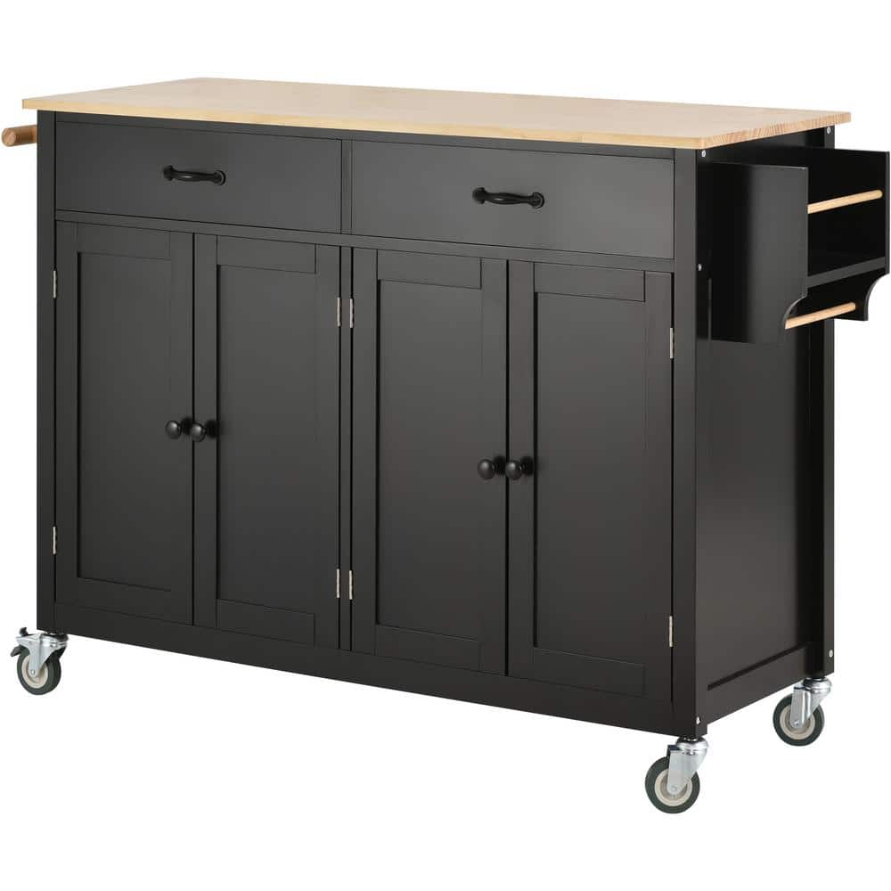 Black Solid Wood Kitchen Cart with 2 Drawers, 2 Locking Wheels, Spice and T