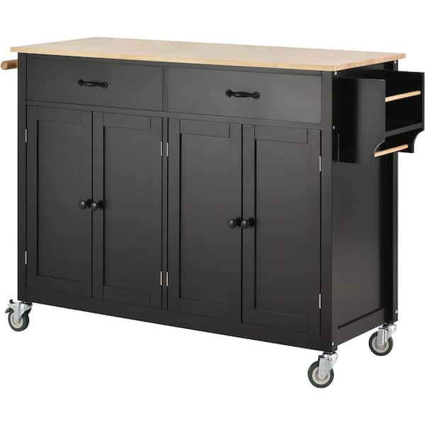 Unbranded Black Solid Wood Kitchen Cart with 2 Drawers, 2 Locking Wheels, Spice and Towel Rack