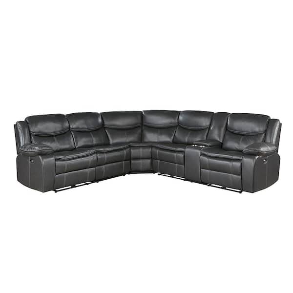 Homelegance Brentwood 112 in. Straight Arm 3-piece Faux Leather Power Reclining Sectional Sofa in Dark Gray with Right Console