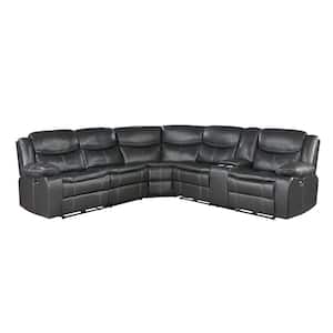 Brentwood 112 in. Straight Arm 3-piece Faux Leather Power Reclining Sectional Sofa in Dark Gray with Right Console