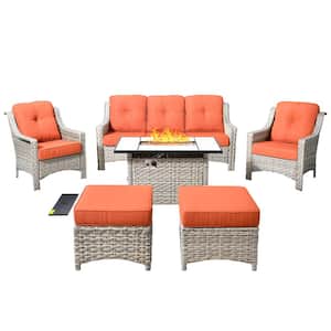 Verona Grey 6-Piece Wicker Outdoor Patio Conversation Sofa Seating Set with a Rectangle Fire Pit and Orange Red Cushions