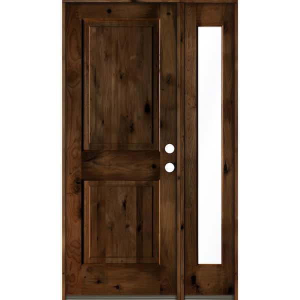 Krosswood Doors 44 in. x 80 in. Knotty Alder Square Top Left-Hand/Inswing Clear Glass Provincial Stain Wood Prehung Front Door w/RFSL
