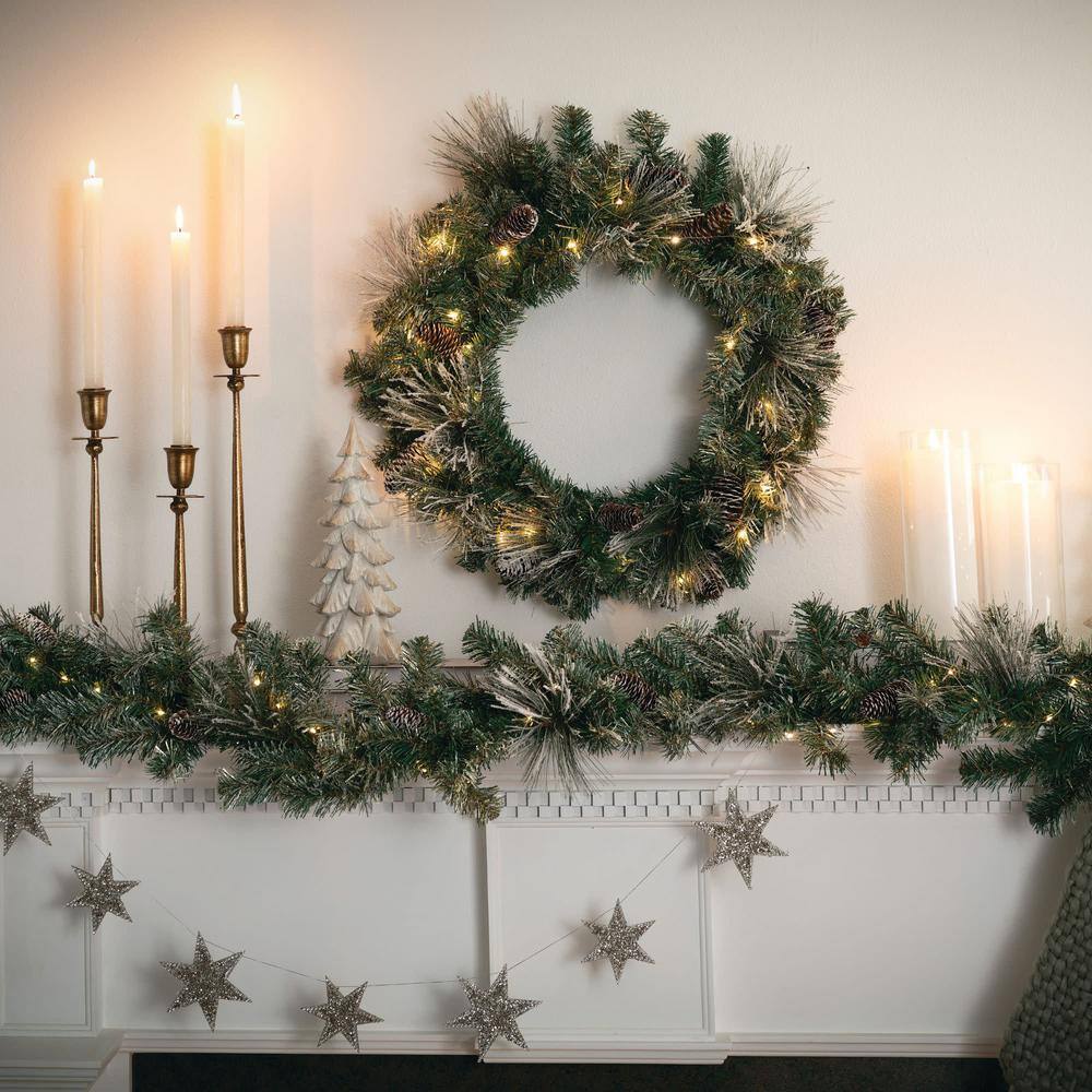 9-Foot Pre-lit Flocked Pine Christmas Garland with Pinecones and Gold Accents