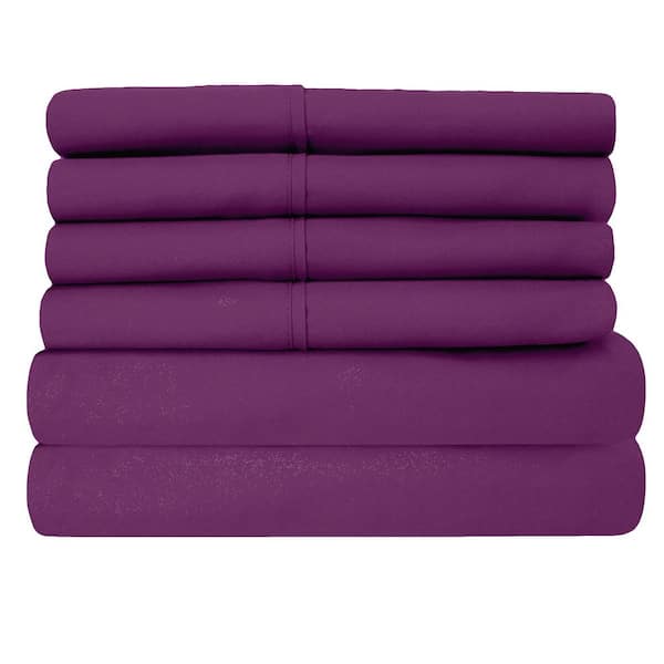 Luxury Home Super-Soft 1600 Series Double-Brushed 6-Piece Egg Plant Microfiber Queen Bed Sheets Set