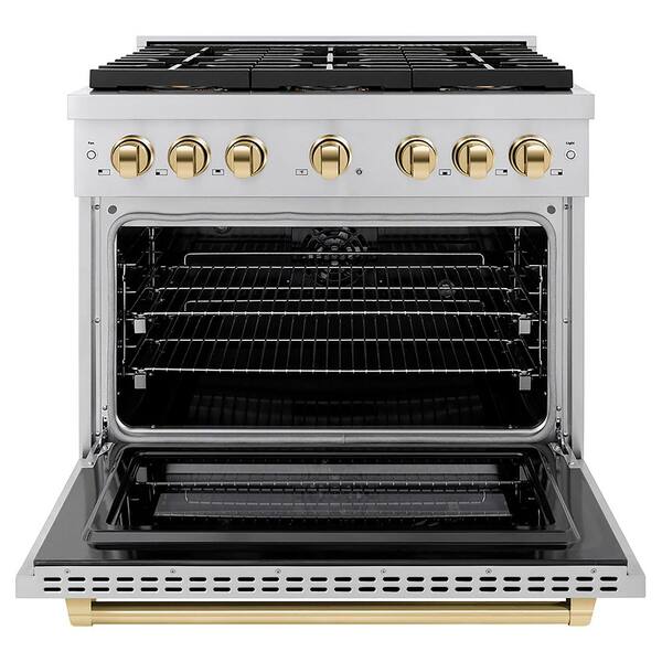Autograph 36 in. 5.2 cu. ft. Paramount Dual Fuel Range with 6 DuoPro Burners in Stainless Steel and Gold Accents