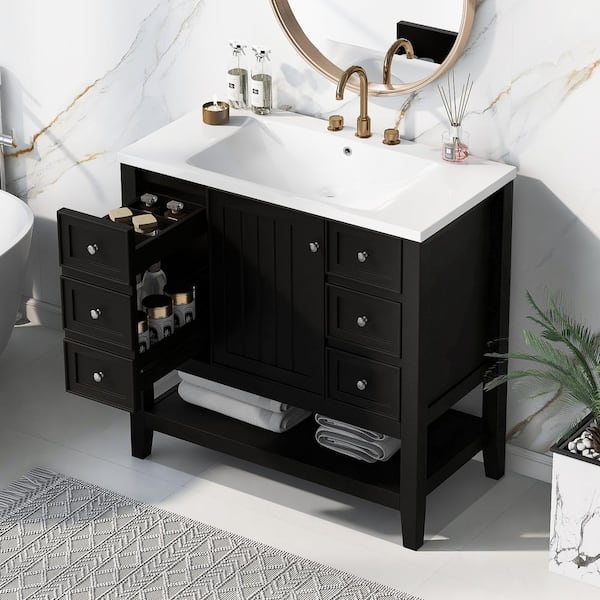 36 in. W x 18 in. D x 34 in. H Single Sink Bath Vanity in Black with White Ceramic Top