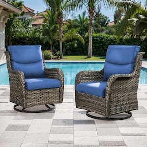 Gray Swivel Glider Wicker Outdoor Rocking Chair with Blue Cushions (2-Pack)