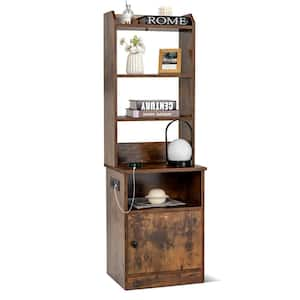 Rustic Brown 0-Drawer 17.5 in. W Nightstand Bedside End Side Table Bookshelf with Charging Station