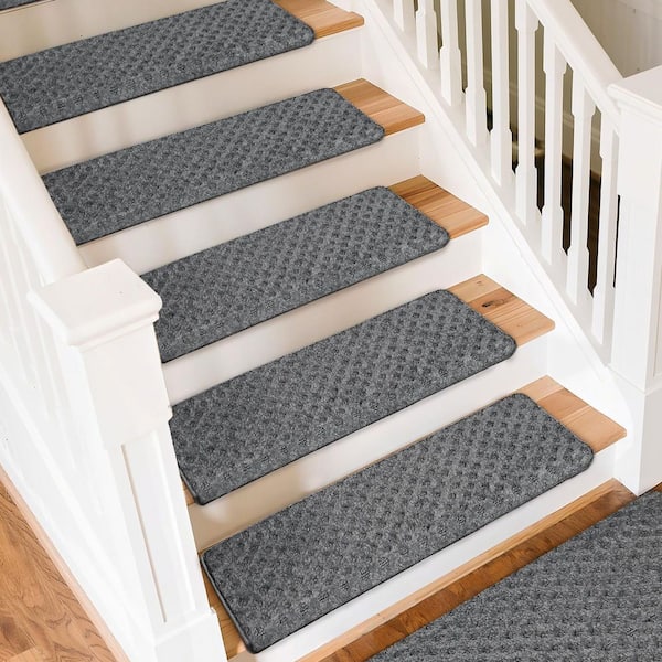 Bullnose Gray Mini Diamond Trellis 9.5 in. x 30 in. x 1.2 in. Polypropylene Carpet Stair Tread Cover Rug Mat Set of 12