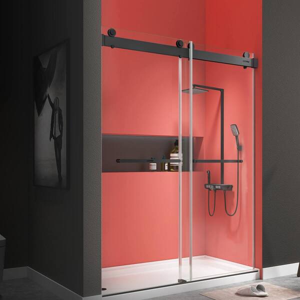 Getpro 60 in. W x 76 in. H Double Sliding Frameless Shower Door in Matte Black Finish with Buffer