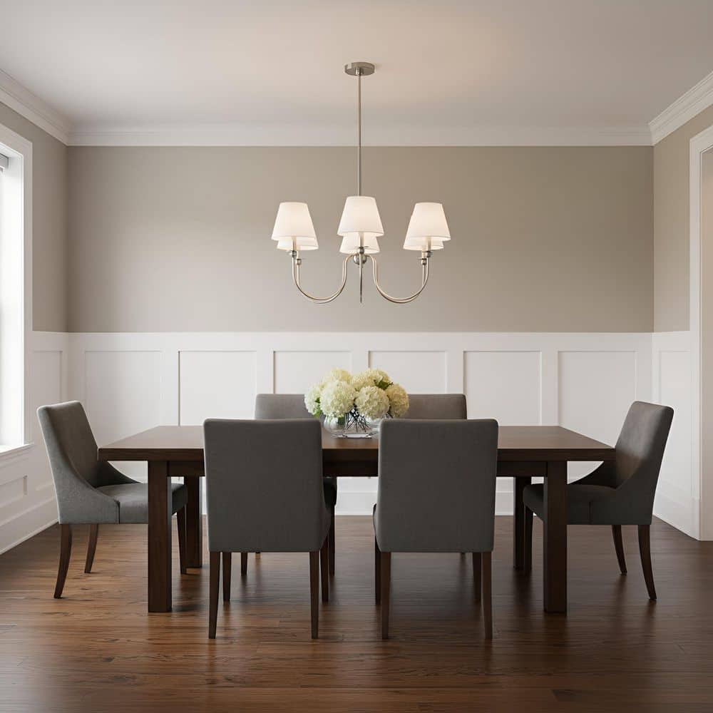 Elsay 29.75 in. W x 15.5 in. H 5-Light Brushed Nickel Transitional Chandelier with White Linen Fabric Shades price history on PriceWatchPro