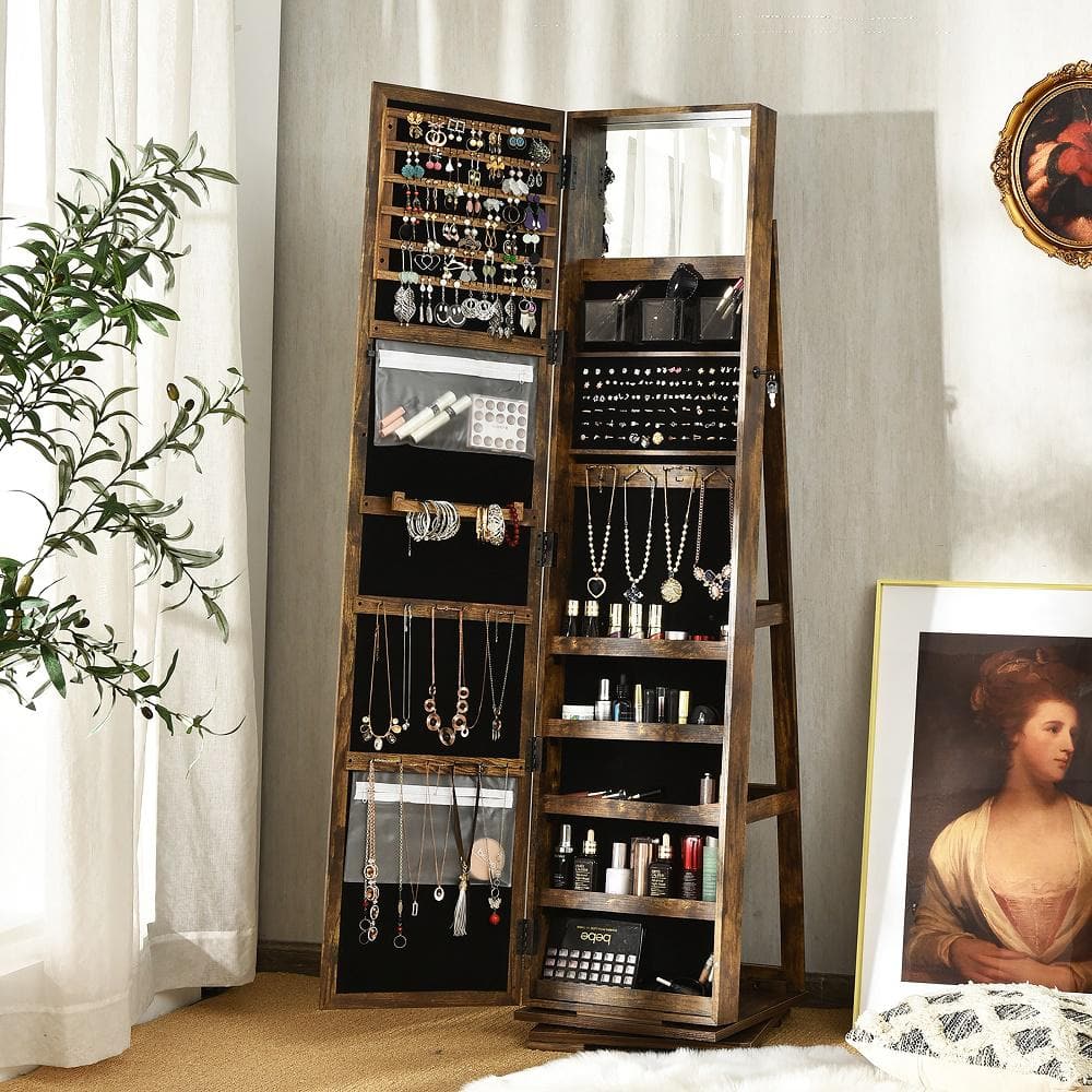 Coffee Rustic Rotatable Lockable Mirrored Jewelry Cabinet