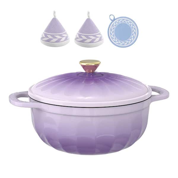 7.5 qt. Petal‑Shaped Enamel Cast Iron Dutch Oven in Purple with Heat‑Resistant Mitts and Pot Mat