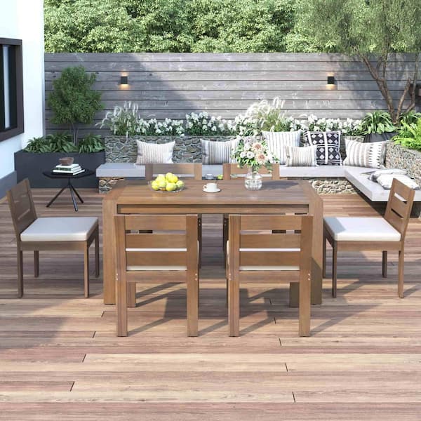 SpassWay 7 Piece Acacia Wood Patio Furniture Outdoor Dining Set, Suitable for, with a White Cushion, Balcony, Backyard