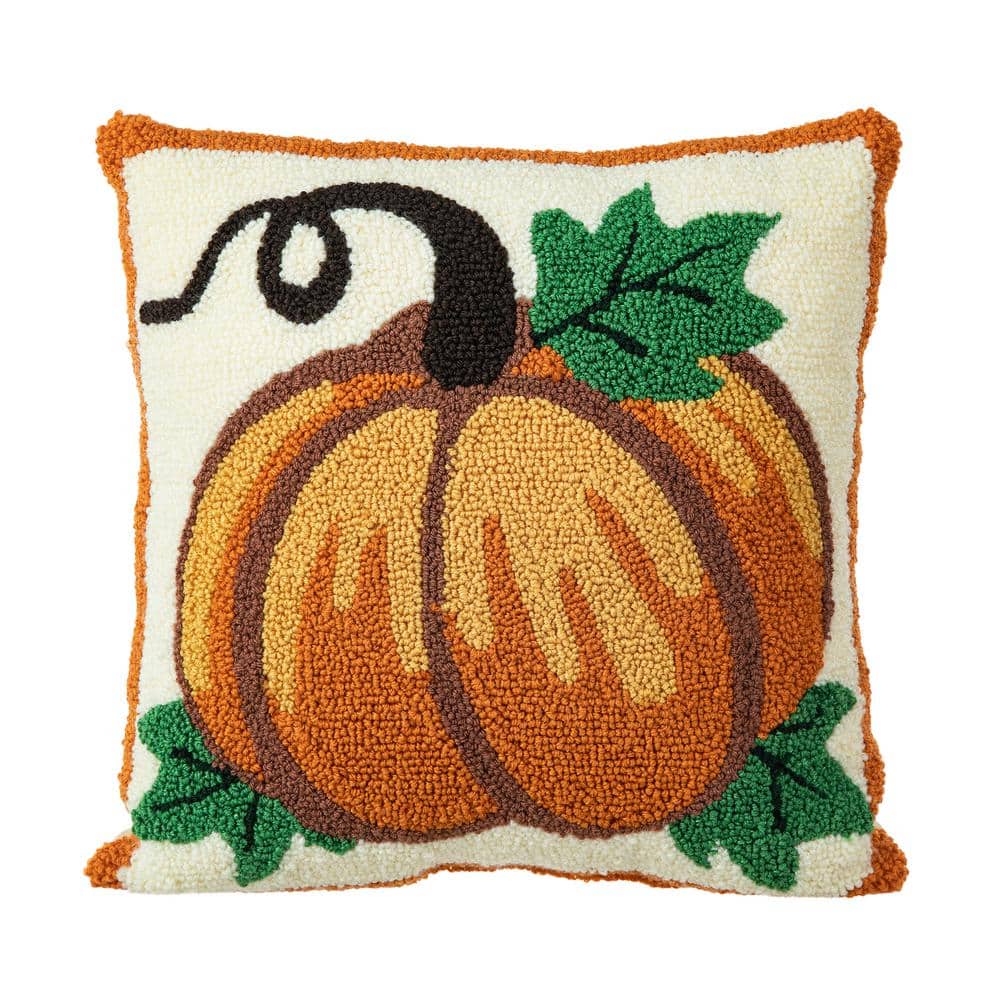 Handmade Hooked Pumpkin Fall Throw Pillow 14" x 14"