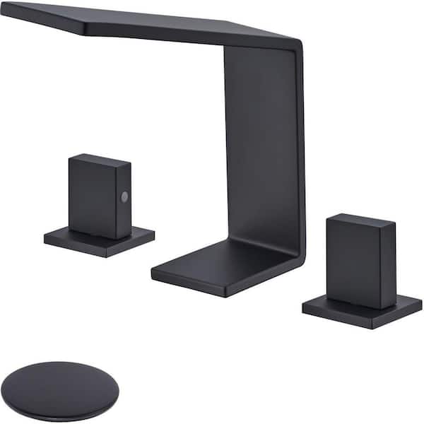 8 in. Widespread Double Handle Waterfall Bathroom Faucet with Drain Kit Included in Matte Black (1-Pack)