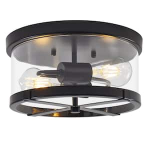 11.8 in. 2-Light Black Flush Mount Ceiling Light with Clear Glass Shade