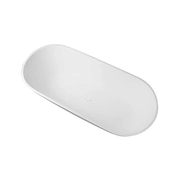 ANGELES HOME 59 in. Solid Surface Stone Resin Oval Flatbottom Freestanding Soaking Bathtub in Matte White