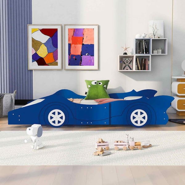 Blue Wood Frame Full Platform Bed with Race Car-Shaped Designed, Wheels