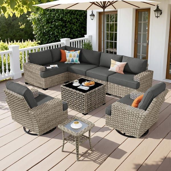 XIZZI Eunoia 9-Pieces Wicker Patio Conversation Seating Sofa Set with Black Cushions and Swivel Rocking Chairs