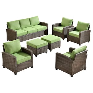 Piranu Brown 7-Piece Wicker Outdoor Patio Conversation Seating Set with Green Cushions