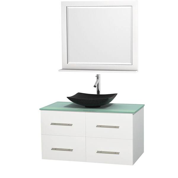 Wyndham Collection Centra 42 in. Vanity in White with Glass Vanity Top in Green, Black Granite Sink and 36 in. Mirror