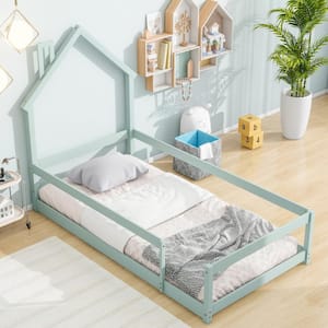 Light Green Wood Frame Twin Size House Floor Bed with Chimney Design and Fence Guardrails