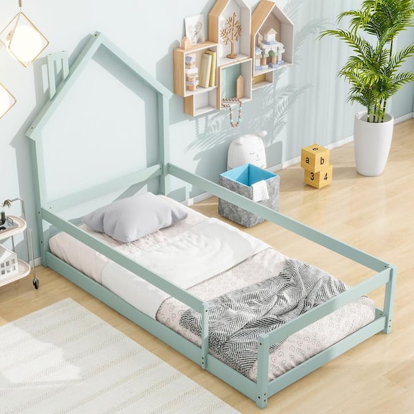 Harper & Bright Designs Light Green Wood Frame Twin Size House Floor Bed with Chimney Design and Fence Guardrails