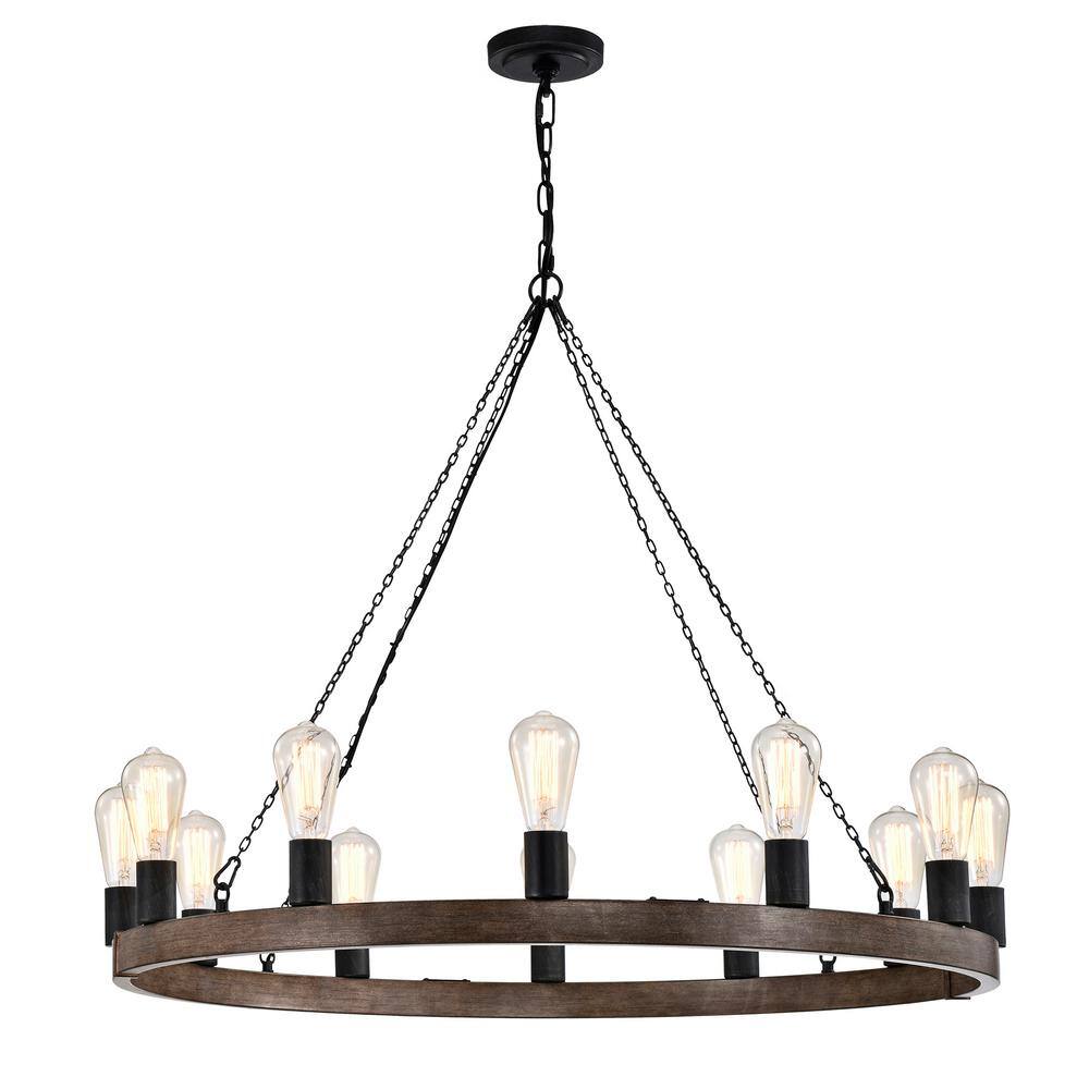 Jojospring Estrella 12Light Faux Wood Finish Metal Wagon Wheel Chandelier with Black Sleeves FD