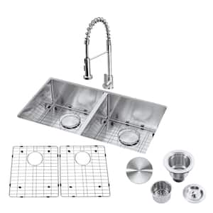 18-Gauge Stainless Steel Left to Right 32 in. L Double Bowl Undermount Workstation Kitchen Sink with Faucet