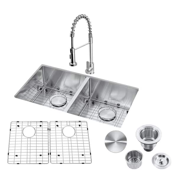 Akicon 18-Gauge Stainless Steel Left to Right 32 in. L Double Bowl Undermount Workstation Kitchen Sink with Faucet