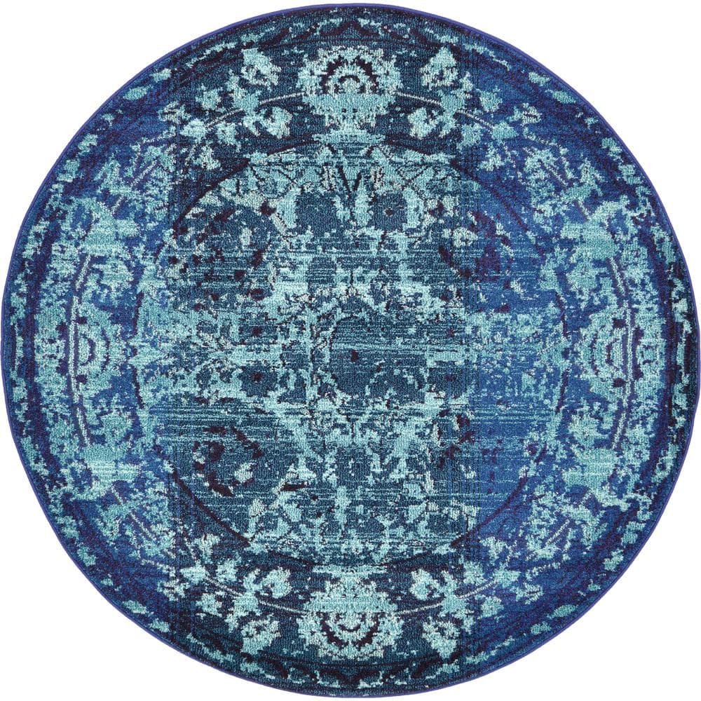 Fleur Intricate Pattern Navy to Light Blue Round Rug - 6'