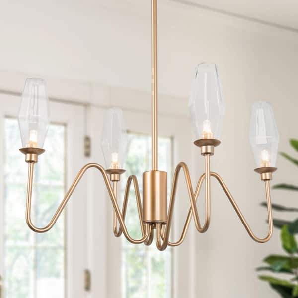 Uolfin Modern Farmhouse Island Candlestick Chandelier Light, 4-Light Gold Chandelier Pendant Lights with Geometric Glass Shades