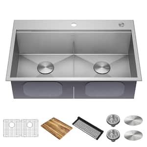 Loften 33 in. Drop-In/Undermount Double Bowl 18 Gauge Stainless Steel Kitchen Workstation Sink with Accessories