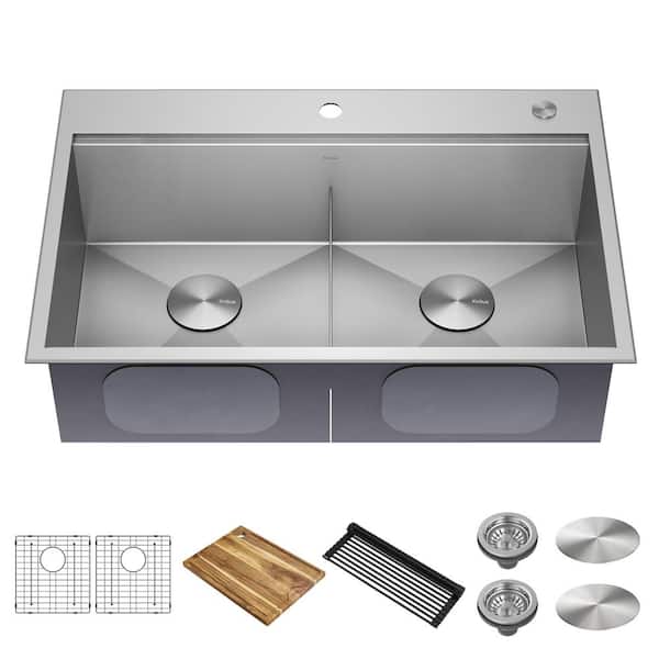 KRAUS Loften 33 in. Drop-In/Undermount Double Bowl 18 Gauge Stainless Steel Kitchen Workstation Sink with Accessories