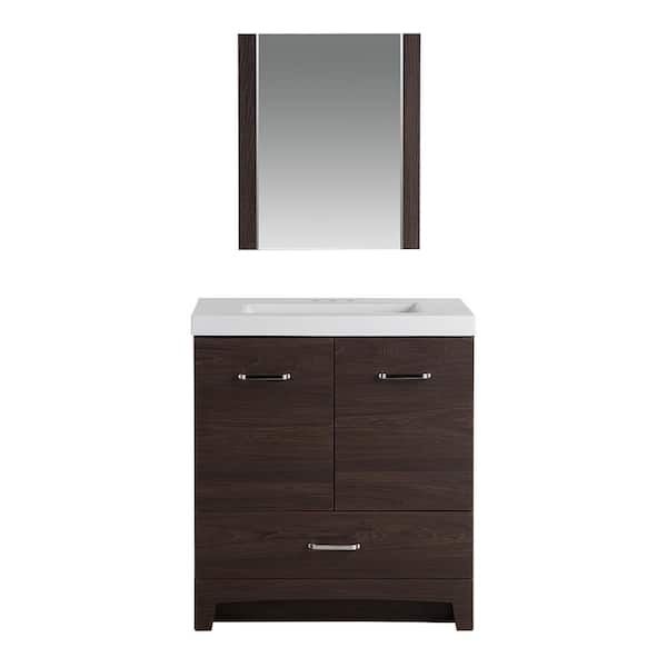 Glacier Bay Stancliff 30 in. W x 19 in. D x 34 in. H Single Sink Bath Vanity in Elm Ember with White Cultured Marble Top and Mirror