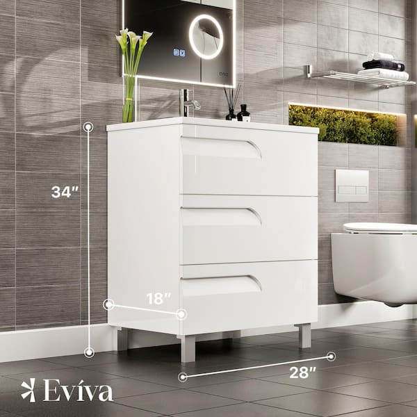 Eviva Joy 28 in. W x 18 in. D x 20.5 in. H Freestanding Single Sink Bath Vanity in White with White Porcelain Top