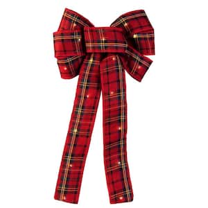 10 in. Red Plaid Christmas Ribbon Wired Bow with LED Lights