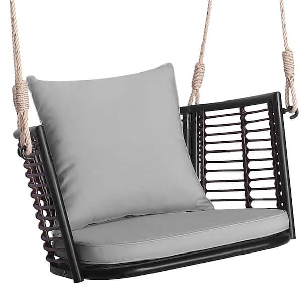 Costway 30.5 in. 1-Person Brown Metal Patio Swing with Seat Cushion Grey