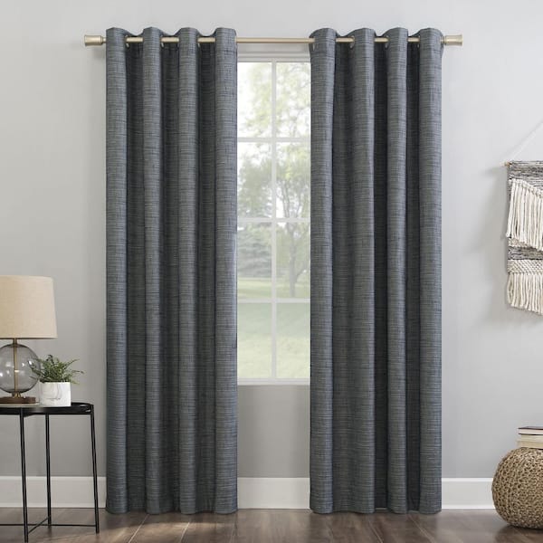 Sun Zero Kline Burlap Weave Thermal 100% 52 in. W x 84 in. L Blackout Grommet Curtain Panel in Navy/Denim